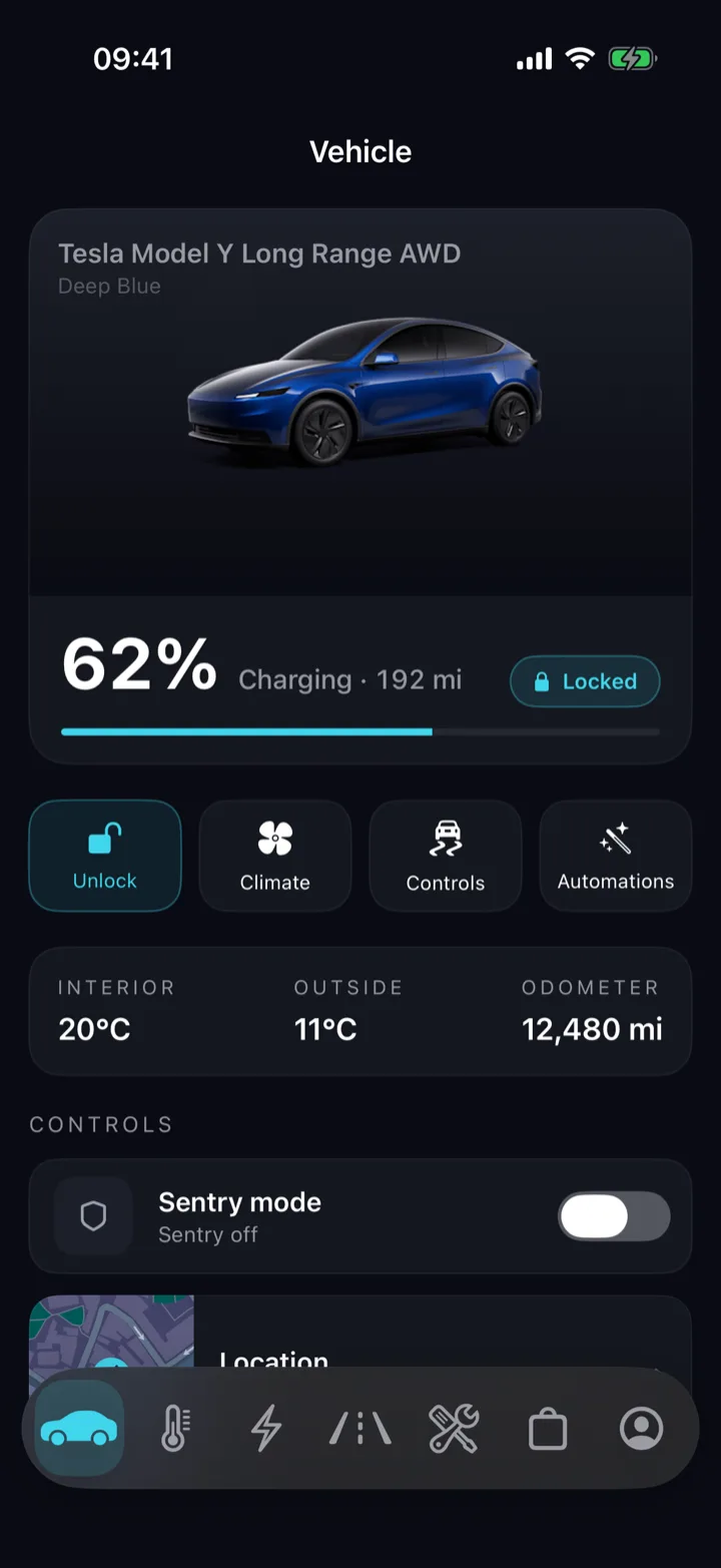 The Niko app showing a Tesla's battery level, range and lock state with controls for unlock, climate and automations.