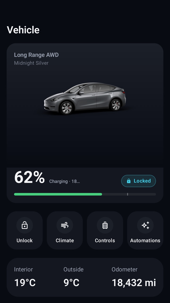 Niko for Android showing a Long Range AWD Tesla at 62% and charging, locked, with Unlock, Climate, Controls and Automations.
